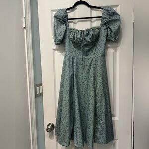 House of CB Tallulah ..green tonal floral puff sleeve midi dress.